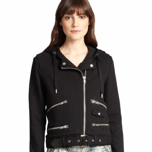 The Kooples Hooded Zip Up Biker Jacke Size Small in Navy Blue - Picture 11 of 11